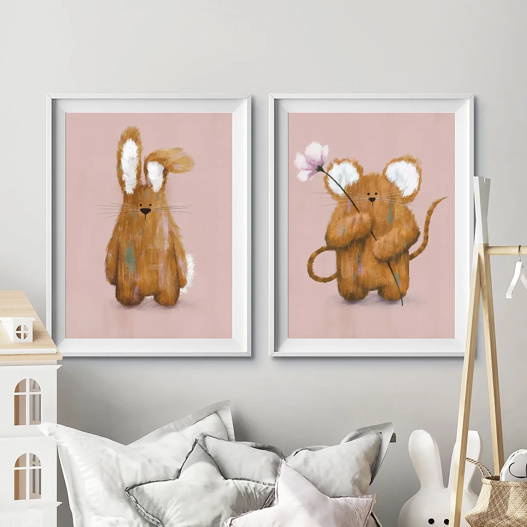 Pink Bunny & Mouse Woodland Nursery Prints Set Of 2