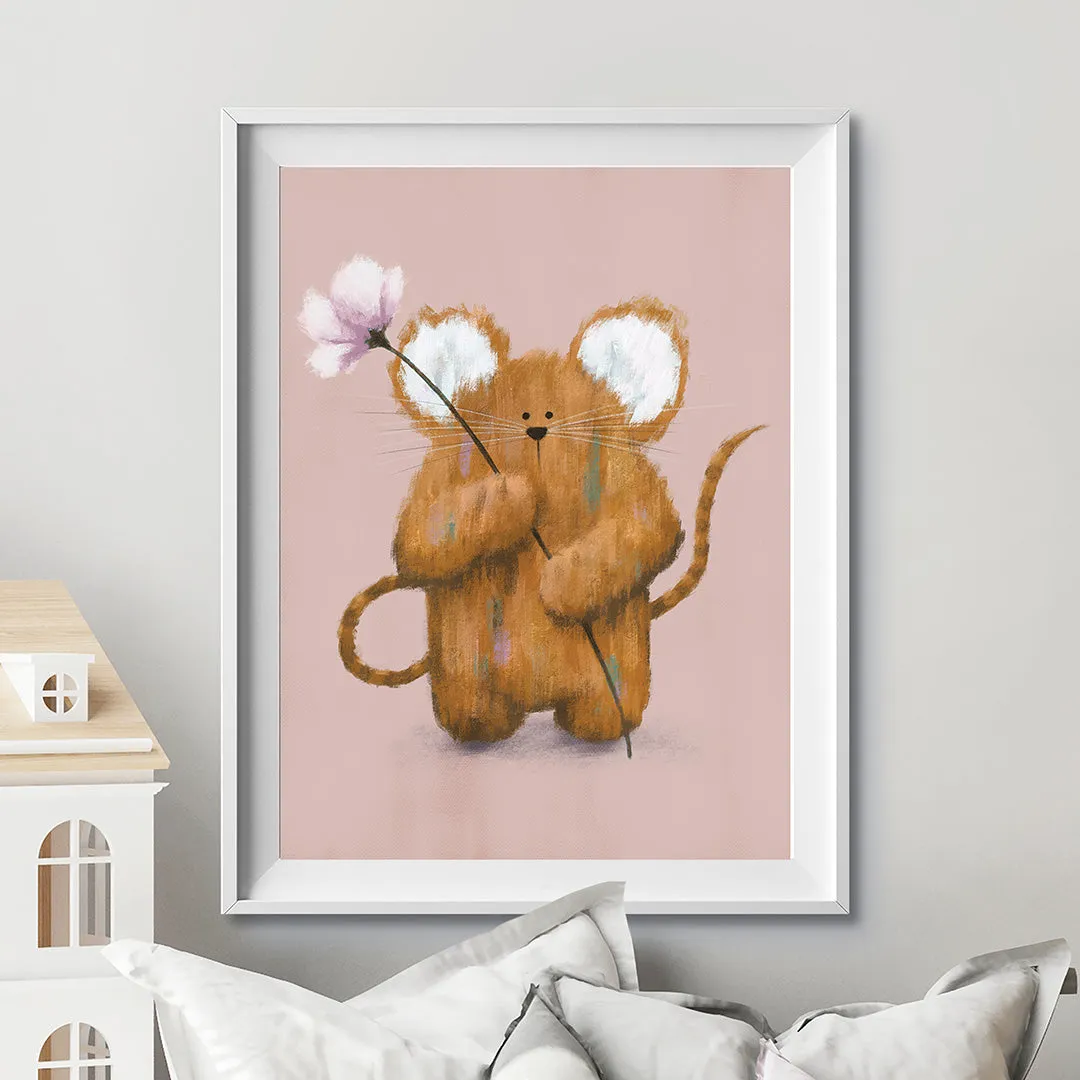 Pink Bunny & Mouse Woodland Nursery Prints Set Of 2