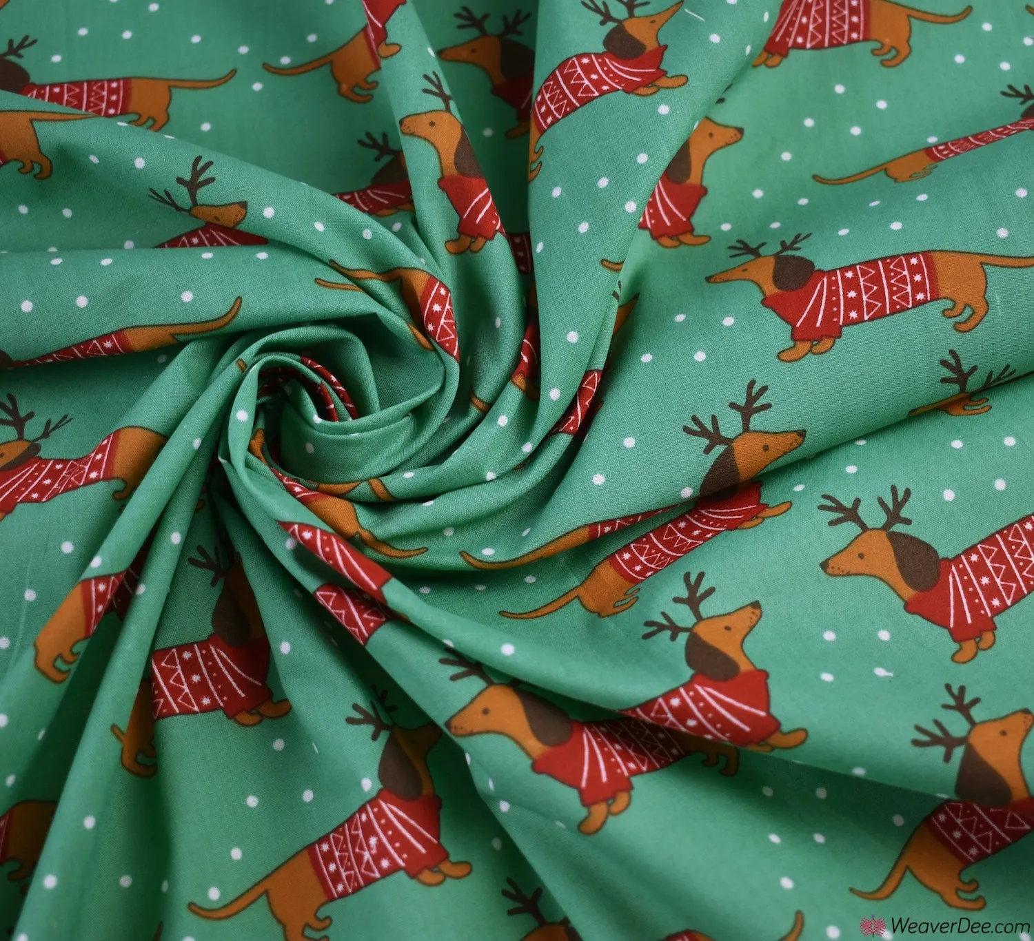 Polycotton Fabric - Christmas Sausage Dog Green