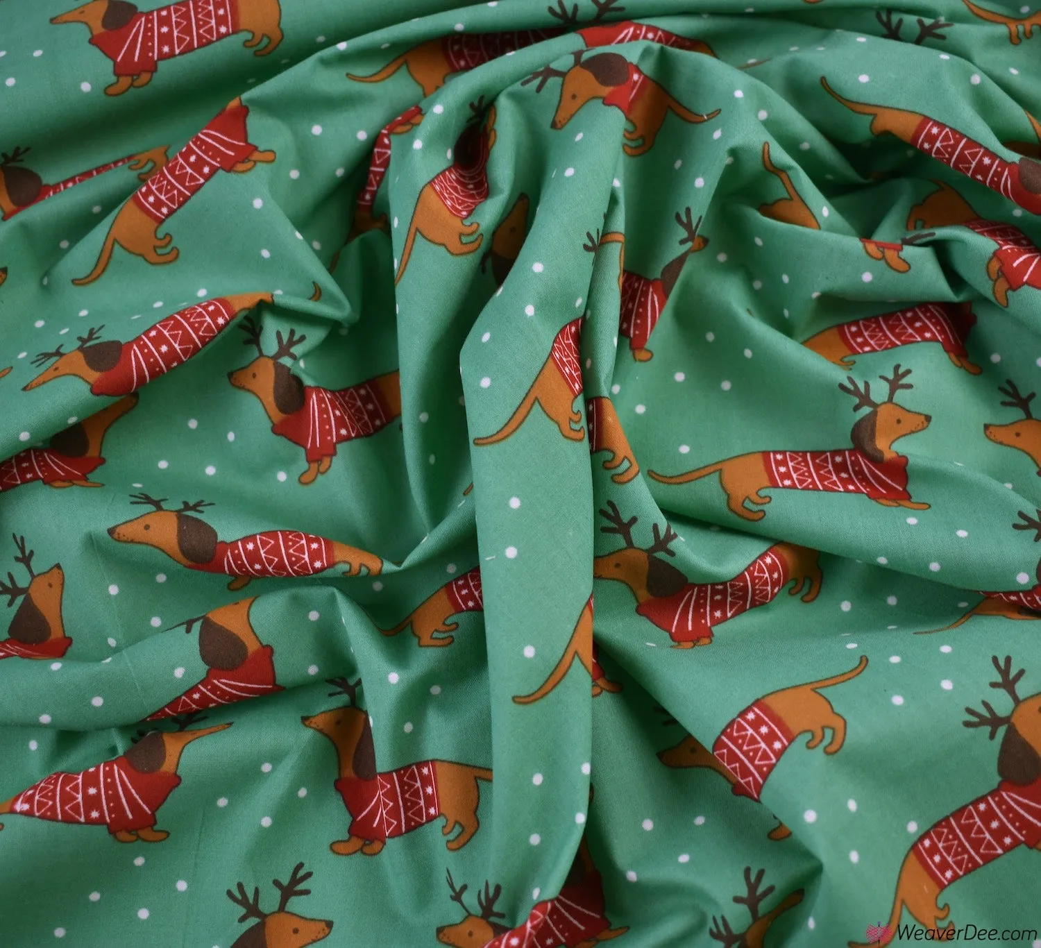 Polycotton Fabric - Christmas Sausage Dog Green