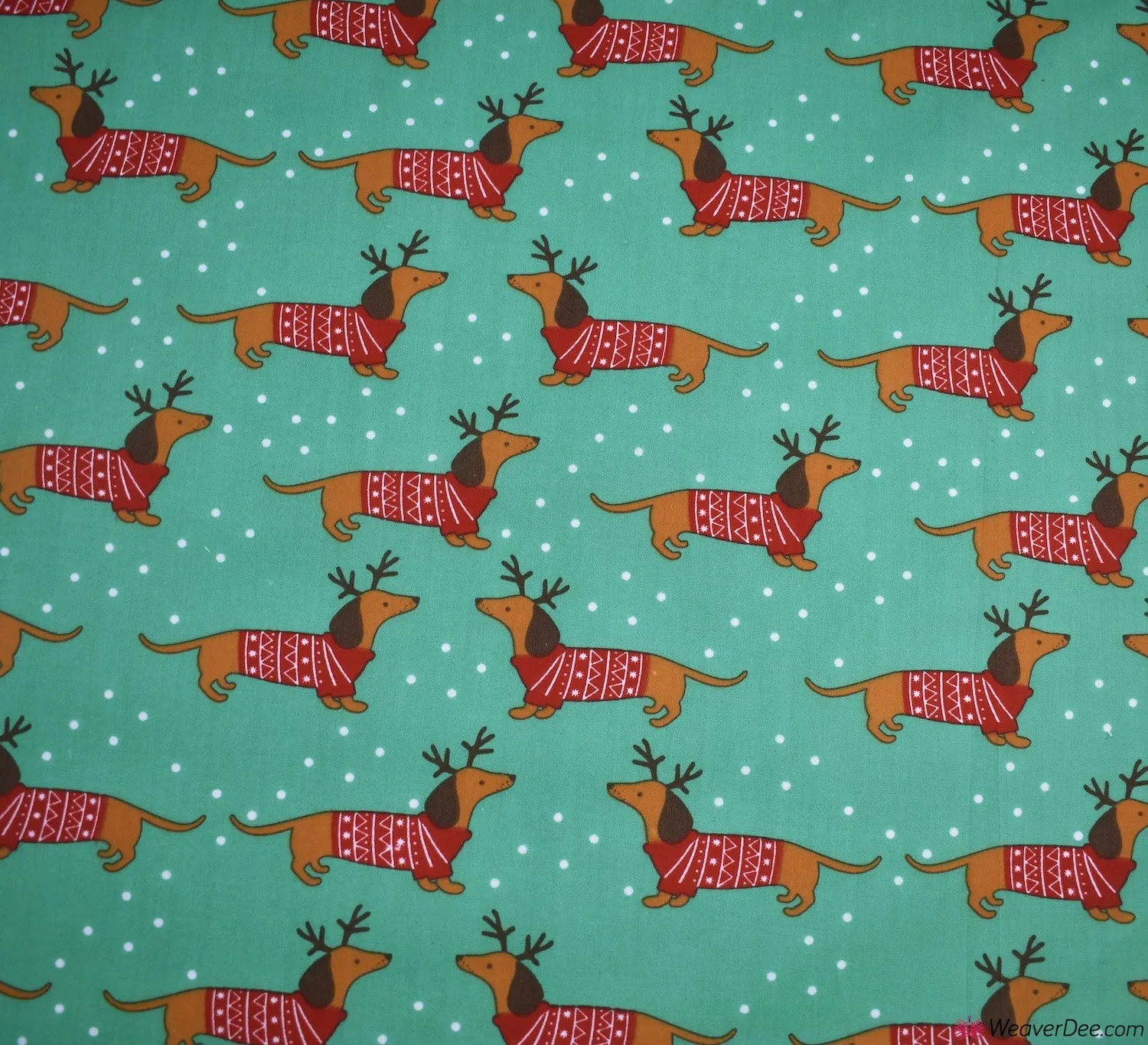Polycotton Fabric - Christmas Sausage Dog Green