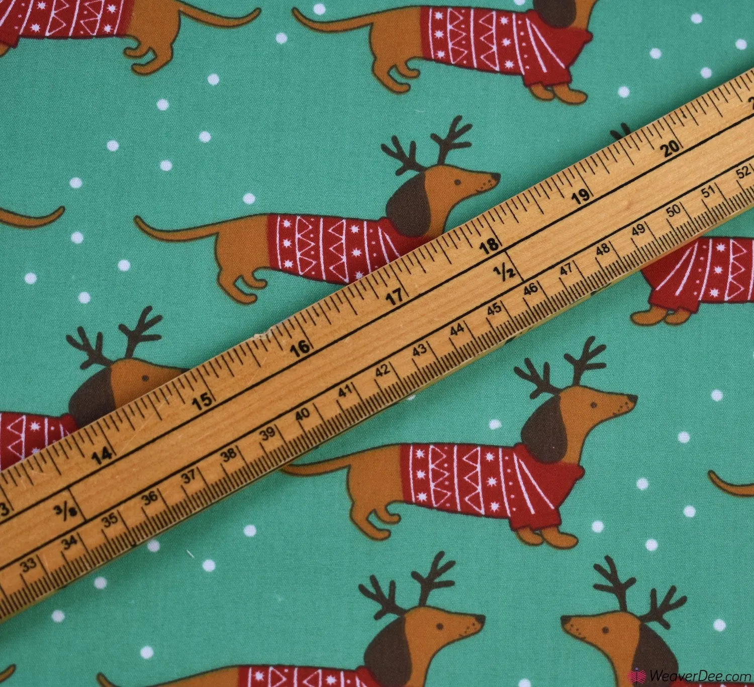 Polycotton Fabric - Christmas Sausage Dog Green