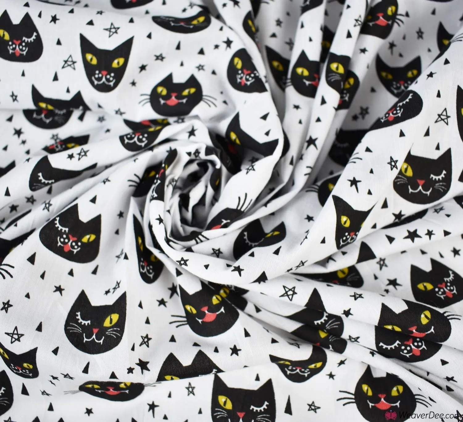 Polycotton Fabric - Creepy Cat Face White