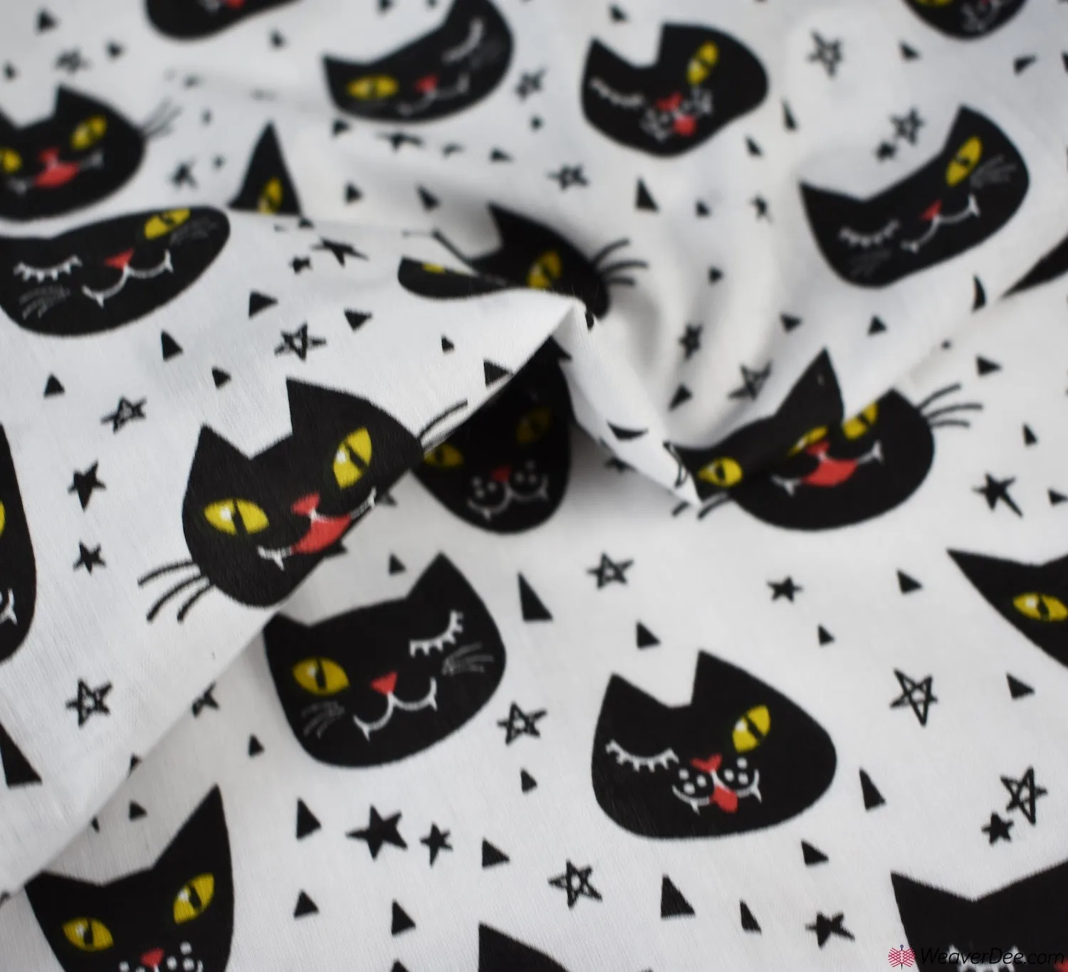 Polycotton Fabric - Creepy Cat Face White