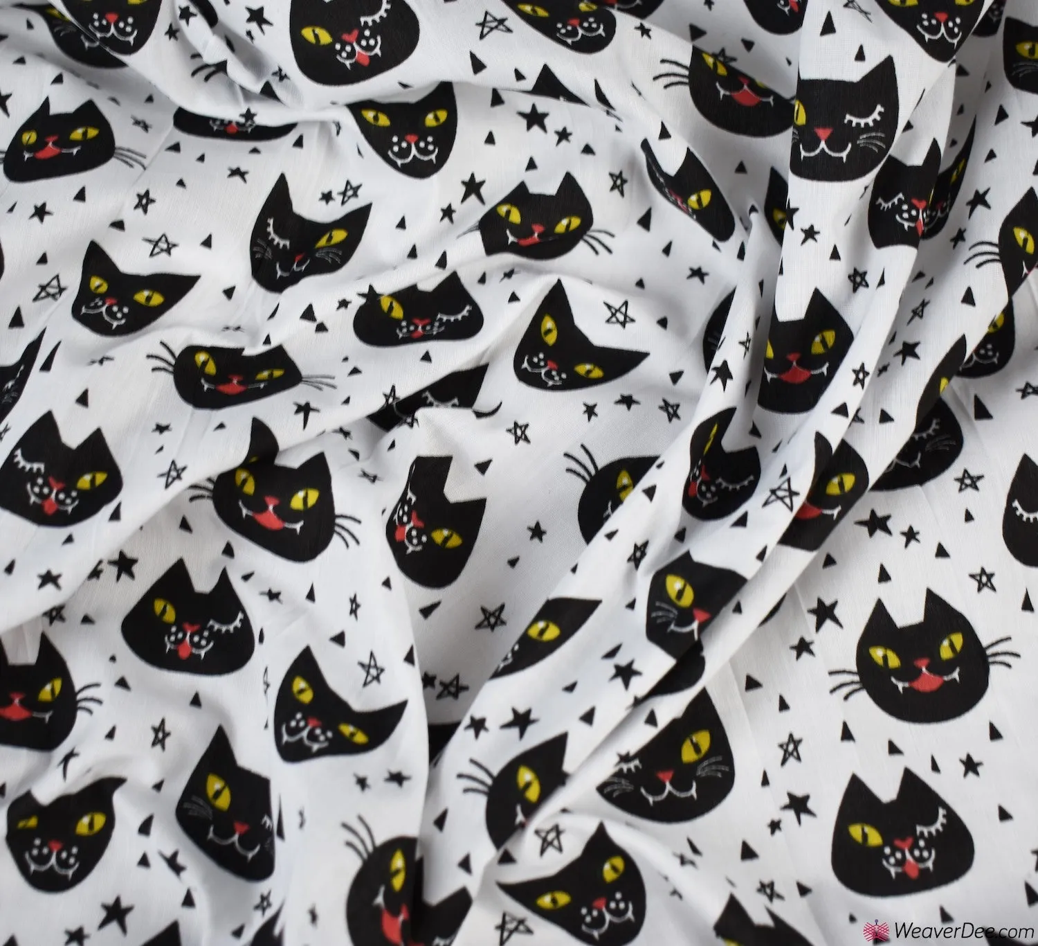 Polycotton Fabric - Creepy Cat Face White
