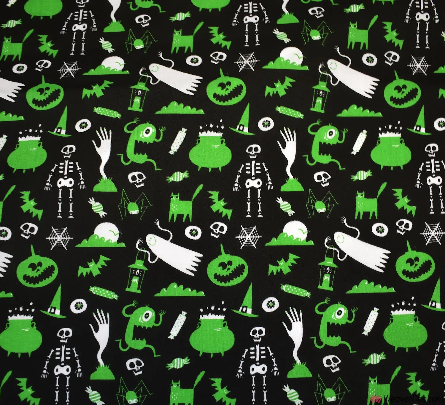 Polycotton Fabric - Halloween Ghost Party Green