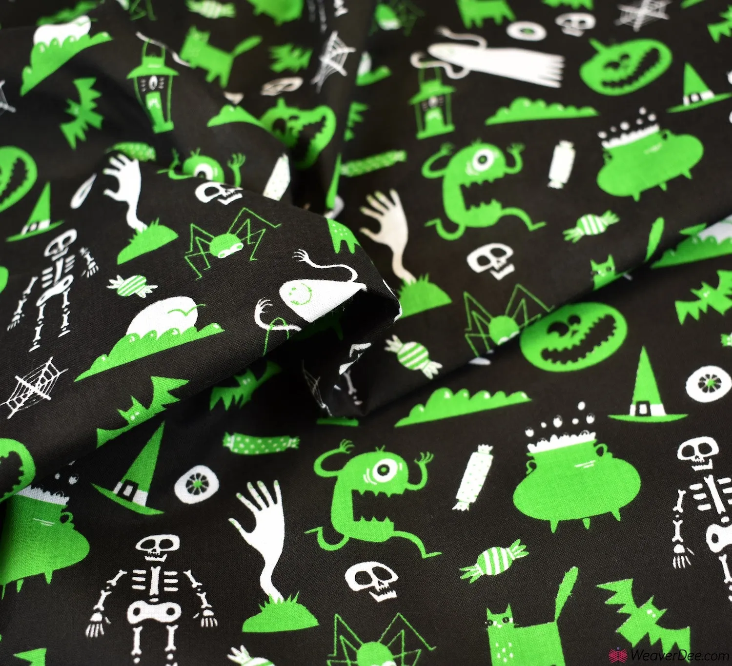 Polycotton Fabric - Halloween Ghost Party Green