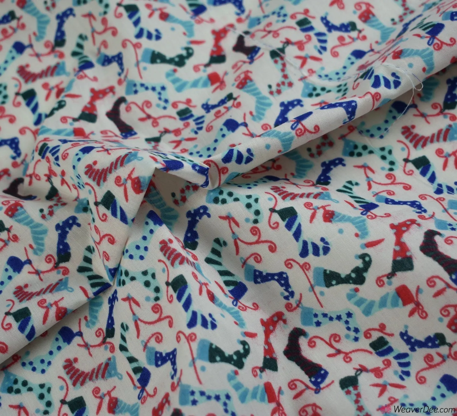 Polycotton Fabric - Little Elf’s Christmas Stockings Ivory