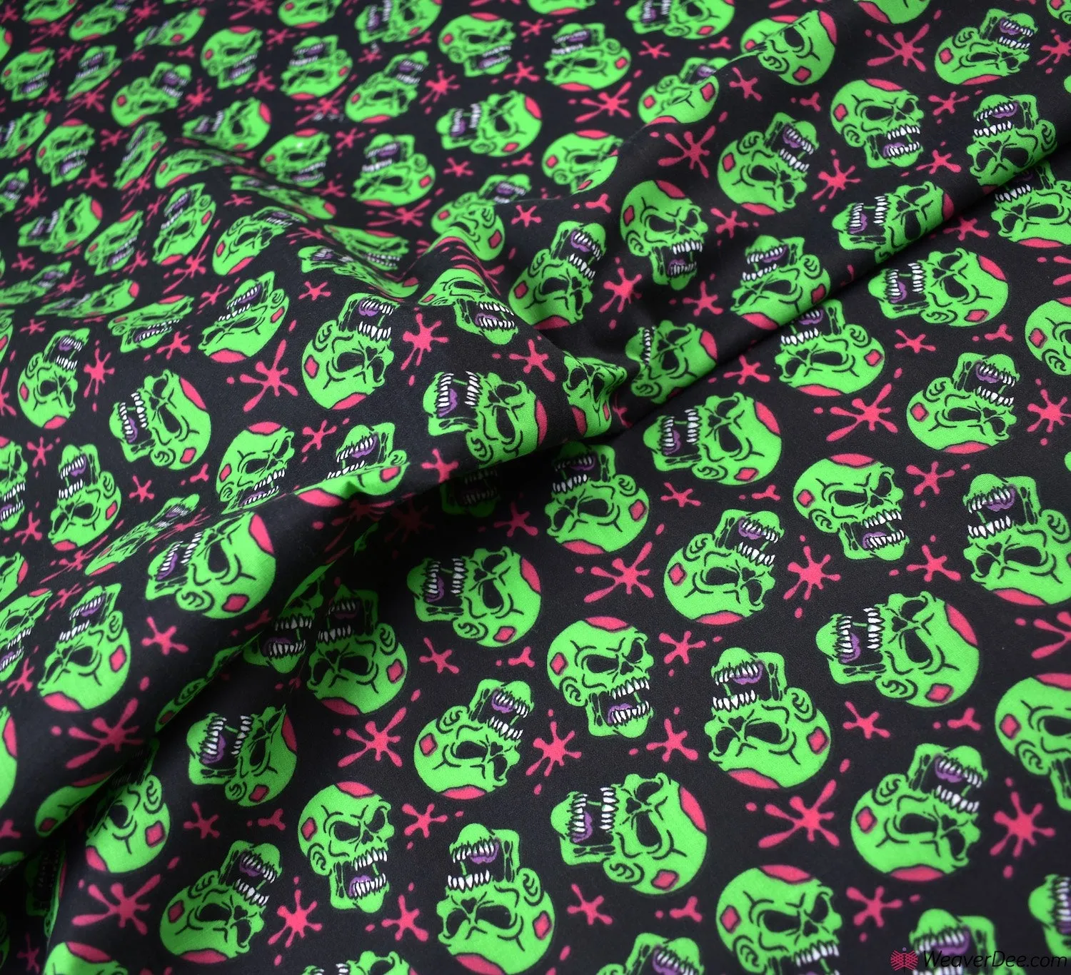 Polycotton Fabric - Scary Skulls Green