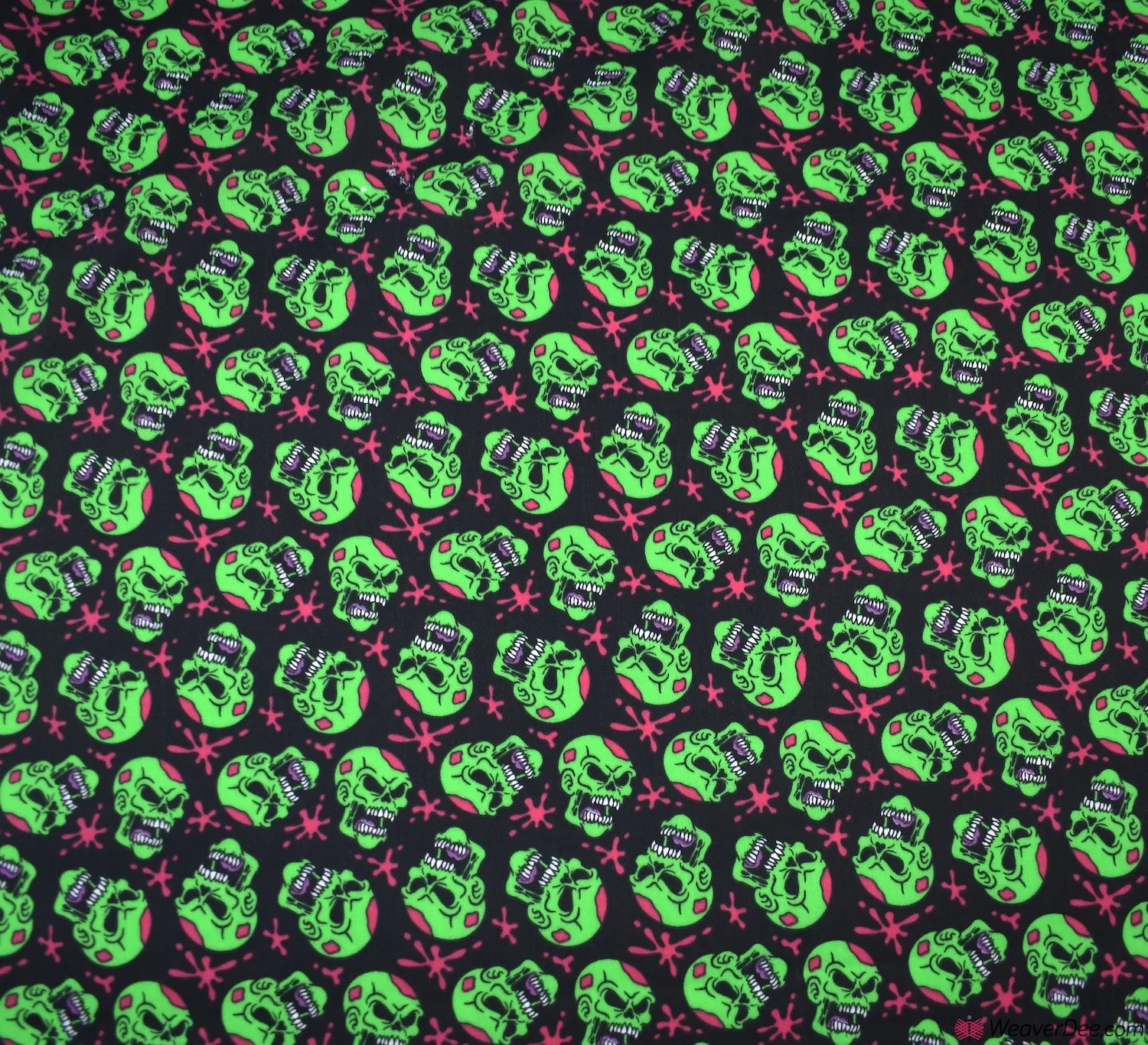 Polycotton Fabric - Scary Skulls Green