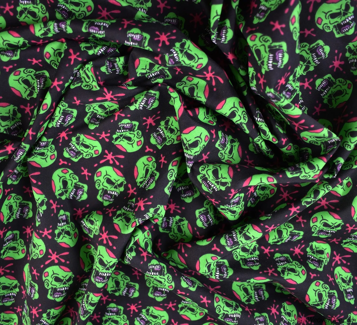Polycotton Fabric - Scary Skulls Green