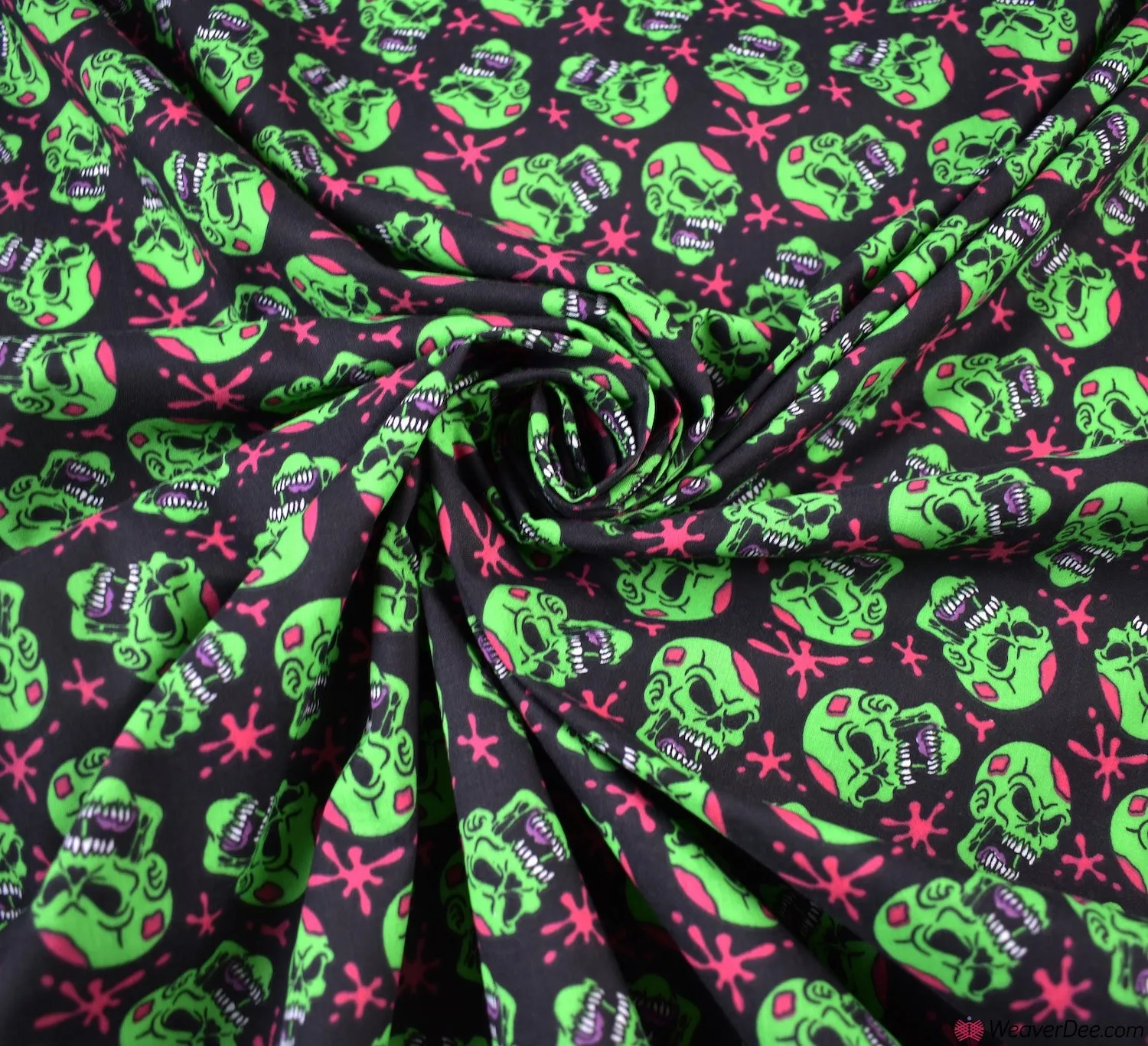 Polycotton Fabric - Scary Skulls Green