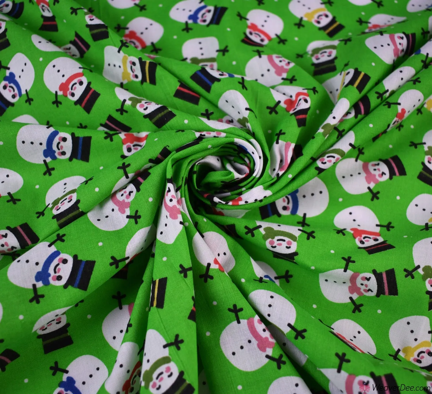 Polycotton Fabric - Smiling Snowmen Green