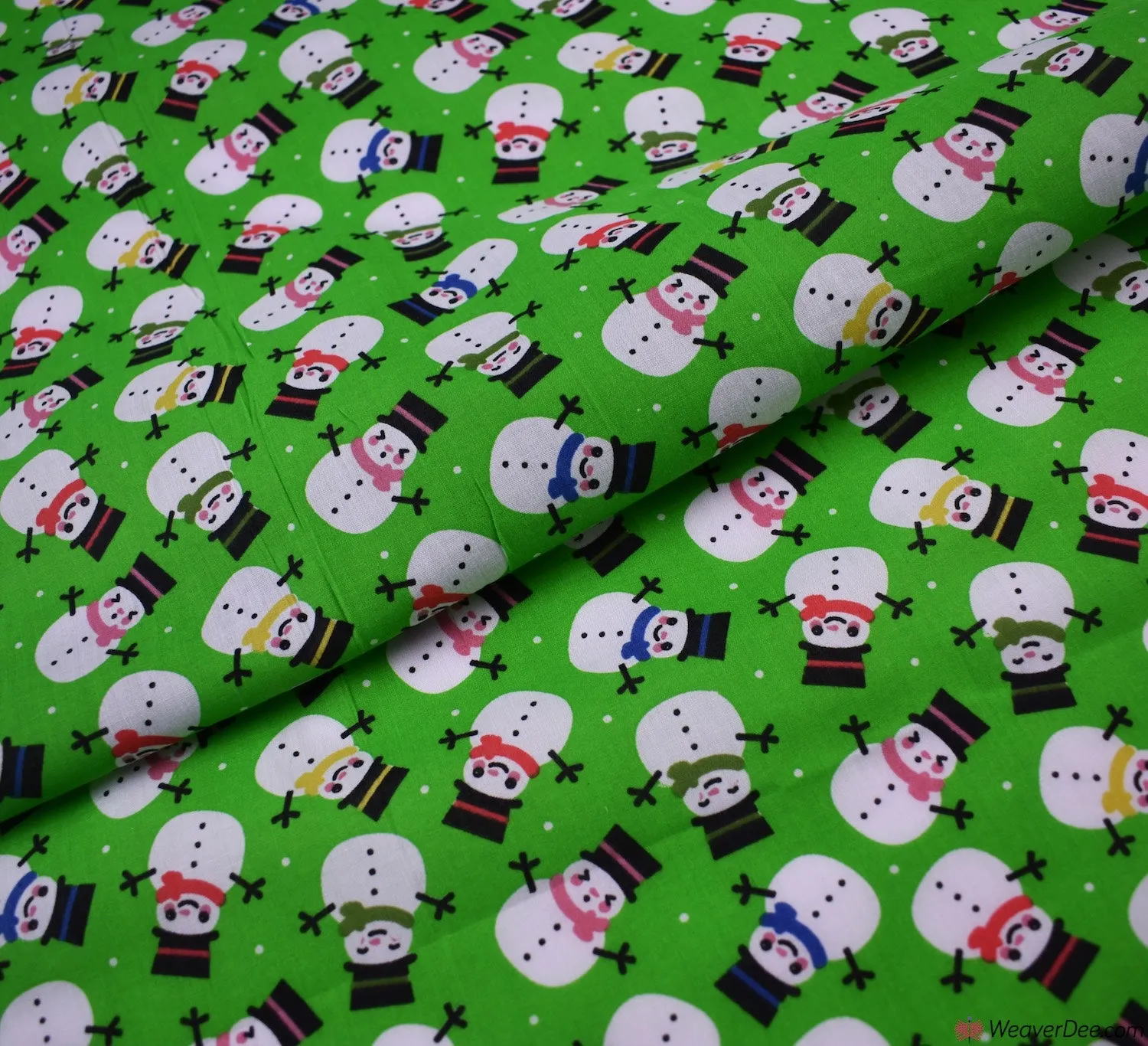 Polycotton Fabric - Smiling Snowmen Green