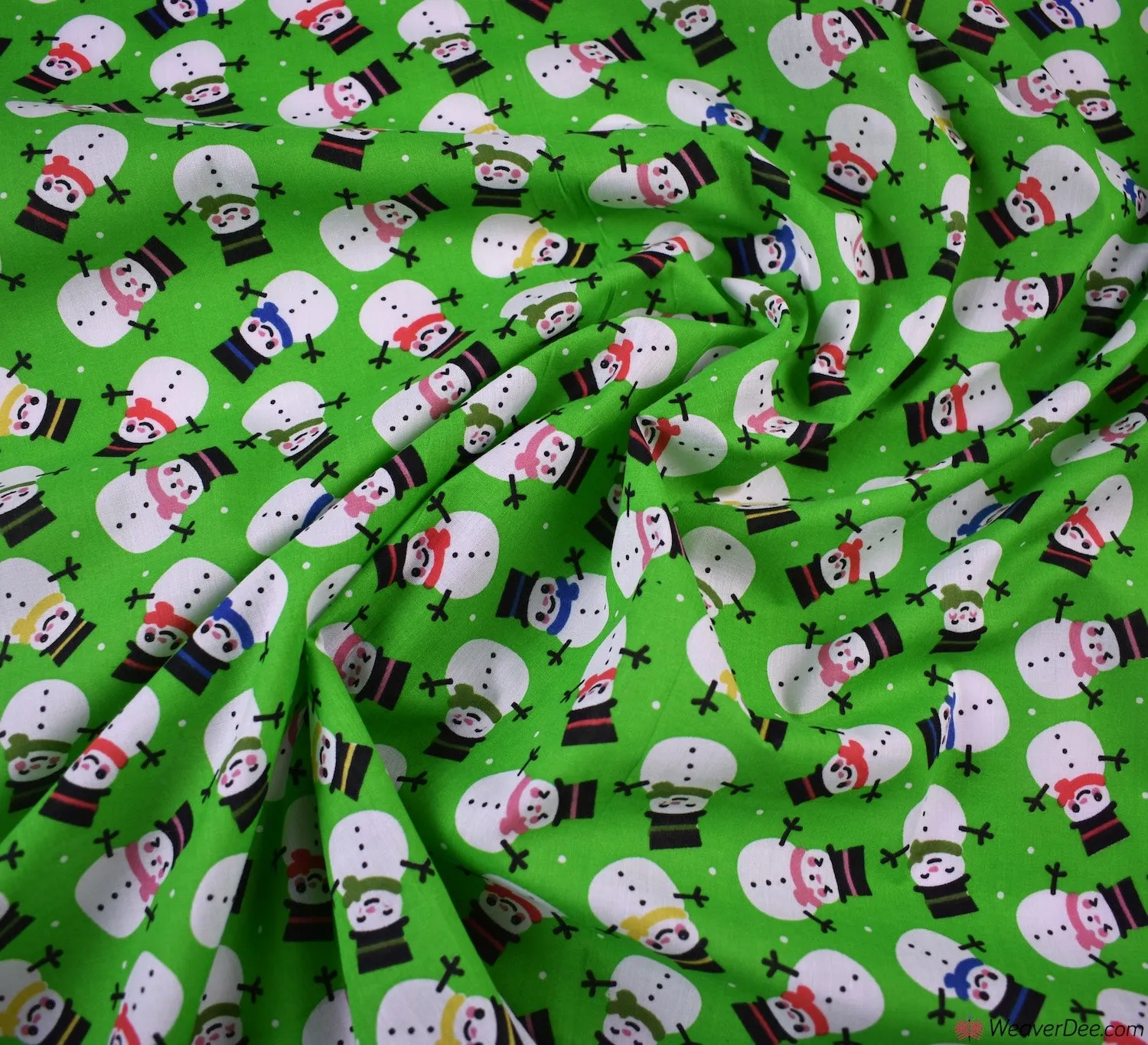 Polycotton Fabric - Smiling Snowmen Green