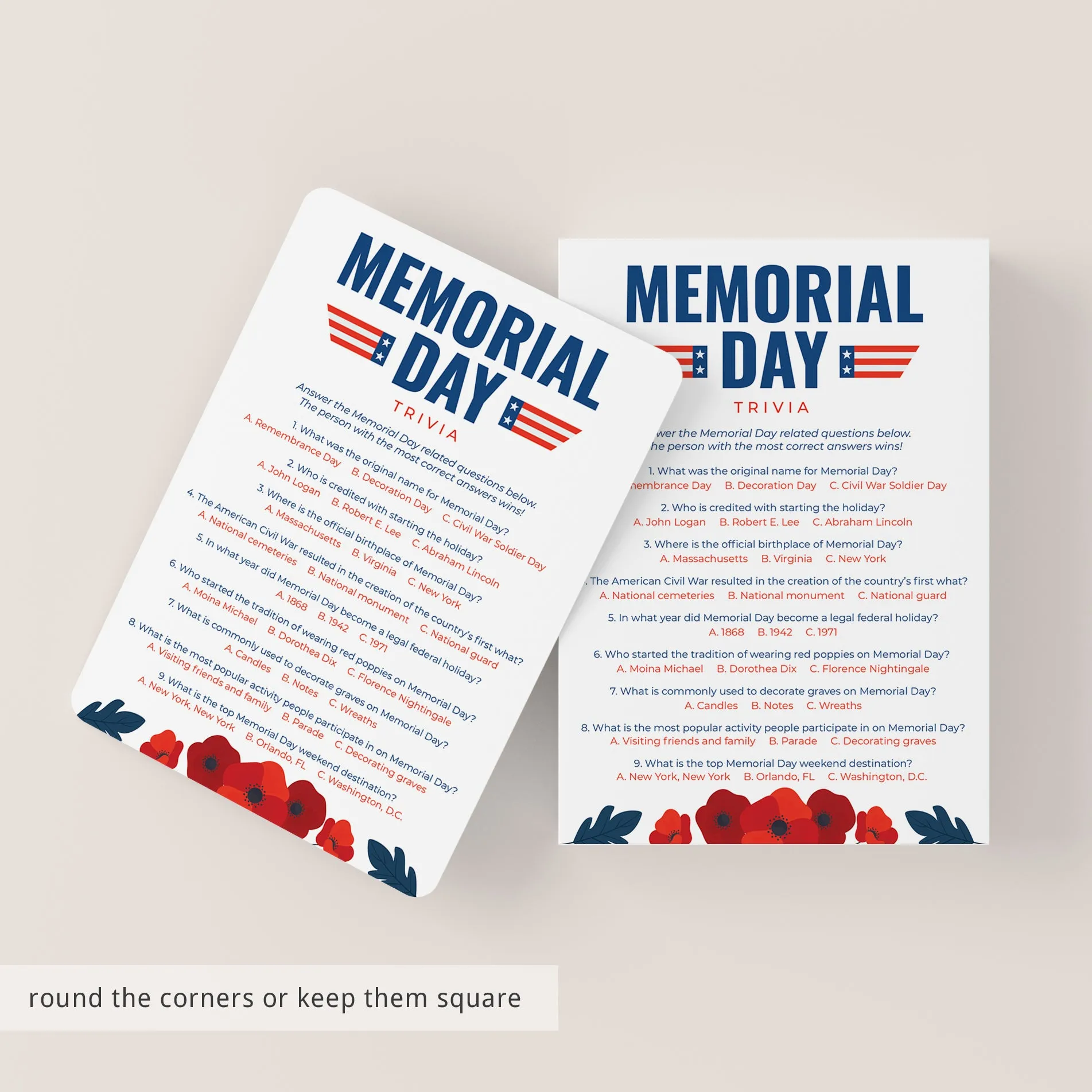 Printable Memorial Day Quiz with Answer Key