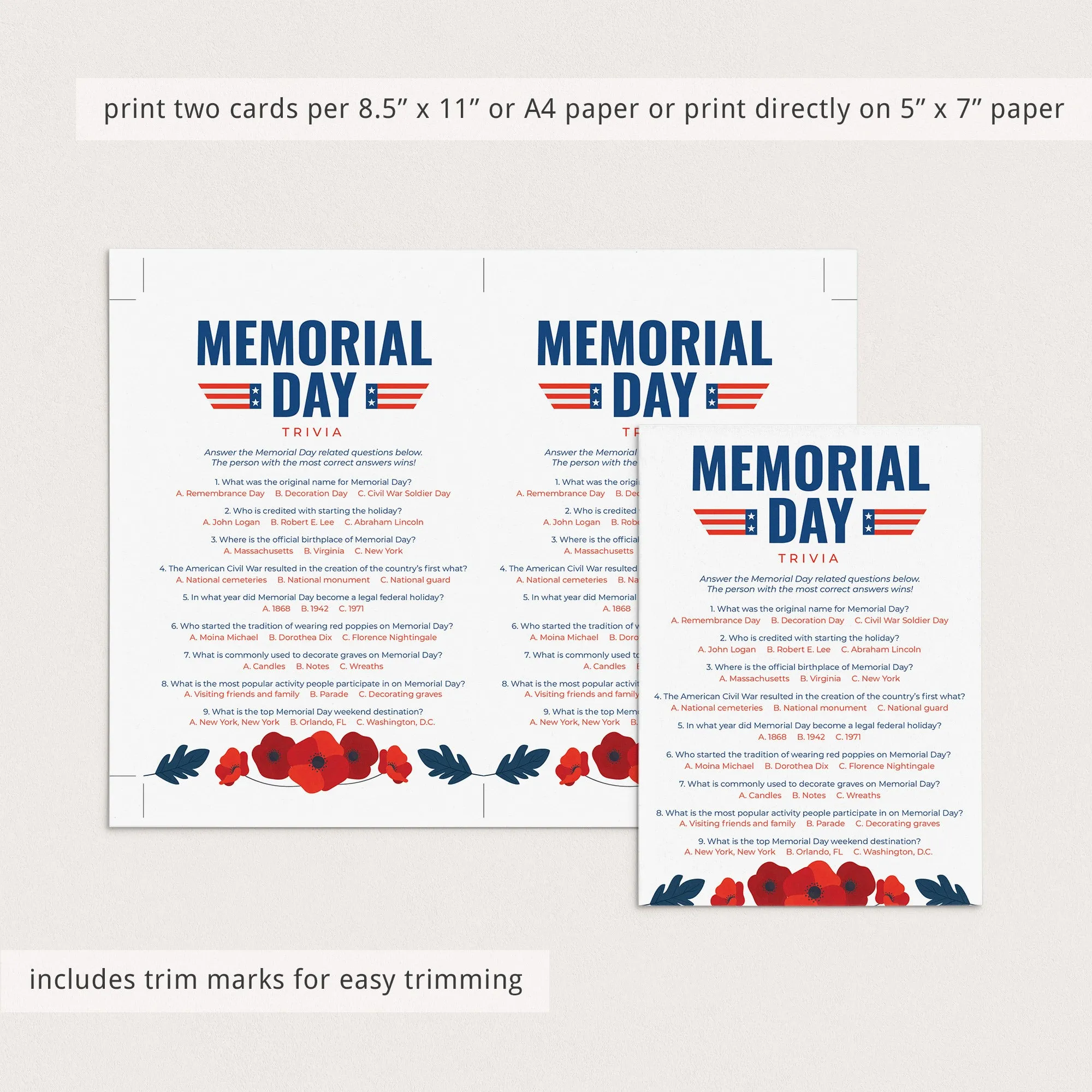 Printable Memorial Day Quiz with Answer Key