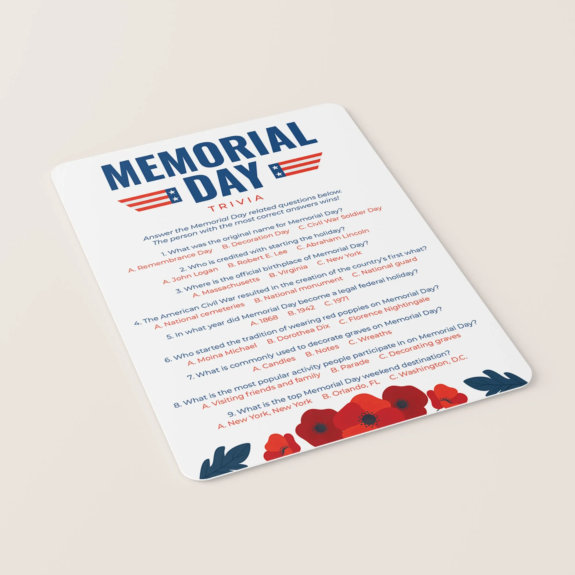 Printable Memorial Day Quiz with Answer Key