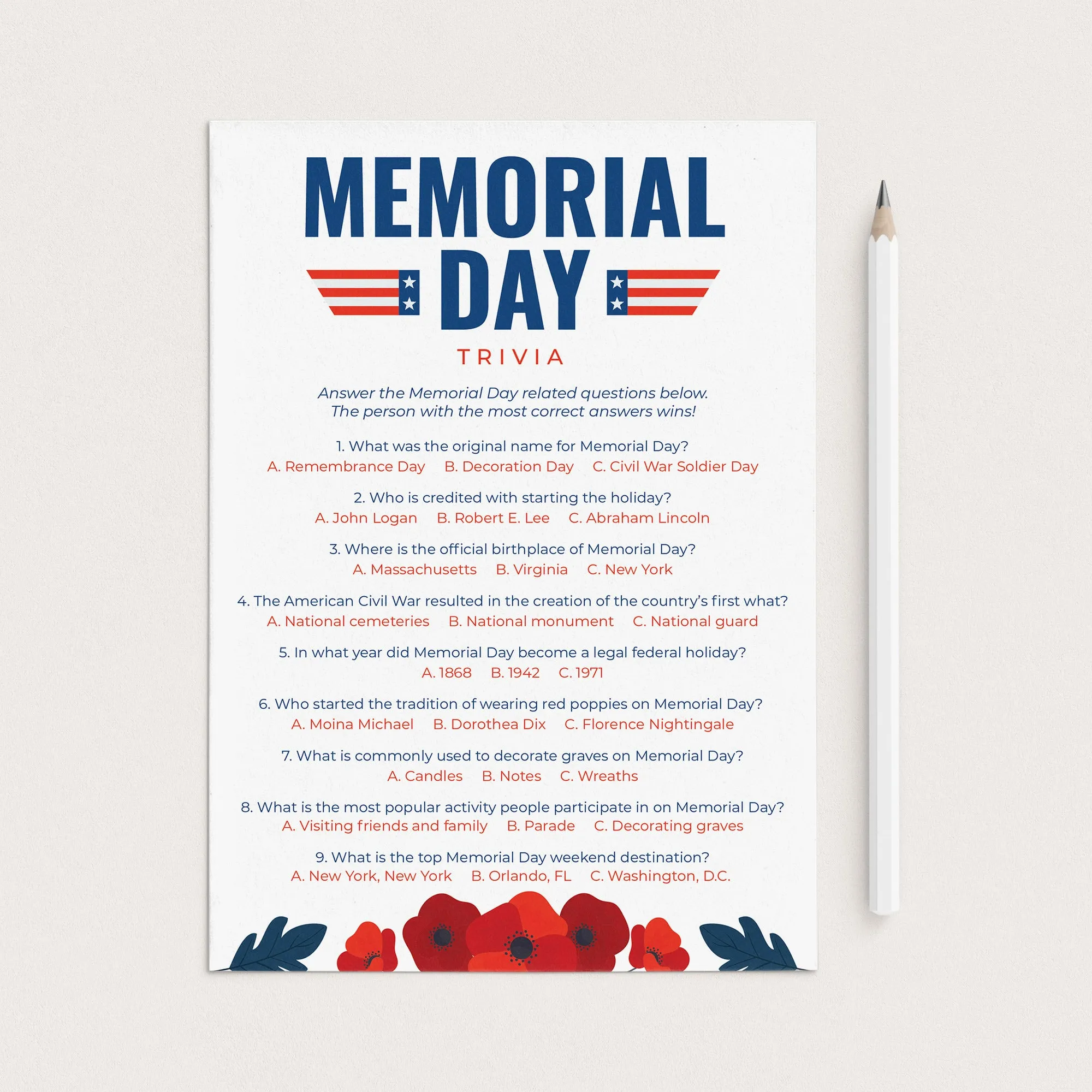 Printable Memorial Day Quiz with Answer Key