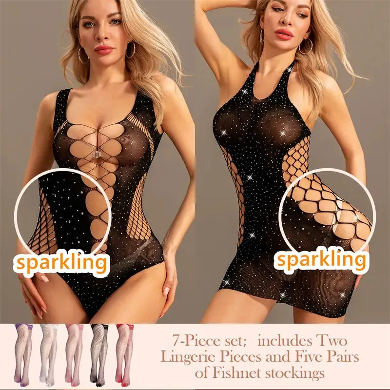 "Sparkling Rhinestone Fishnet Teddy - Seductive Women's Bodysuit"