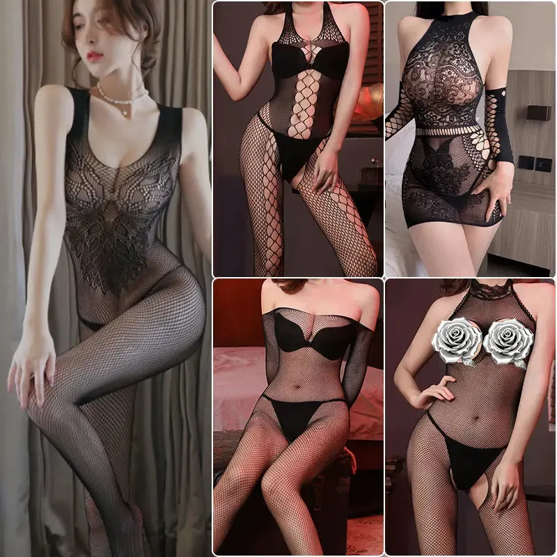 "Sparkling Rhinestone Fishnet Teddy - Seductive Women's Bodysuit"