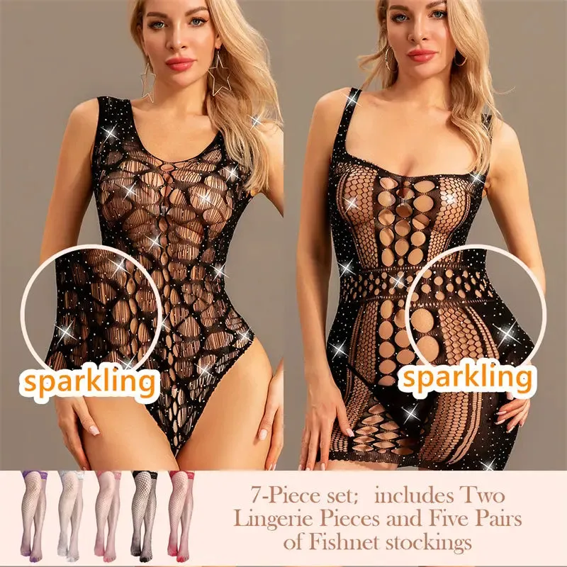 "Sparkling Rhinestone Fishnet Teddy - Seductive Women's Bodysuit"
