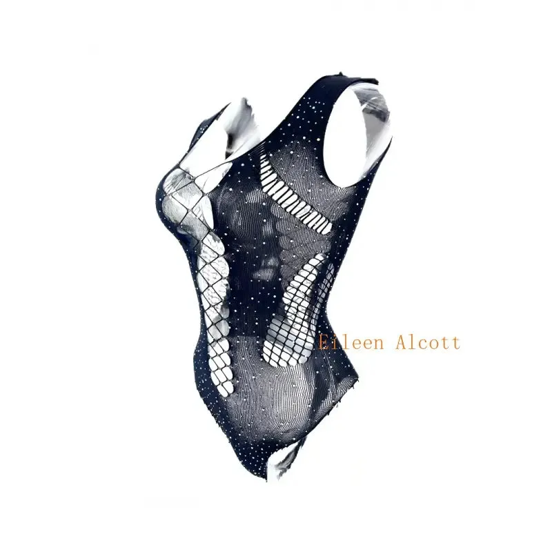 "Sparkling Rhinestone Fishnet Teddy - Seductive Women's Bodysuit"