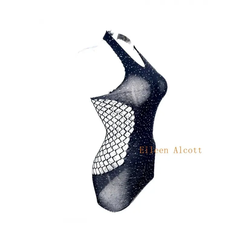 "Sparkling Rhinestone Fishnet Teddy - Seductive Women's Bodysuit"