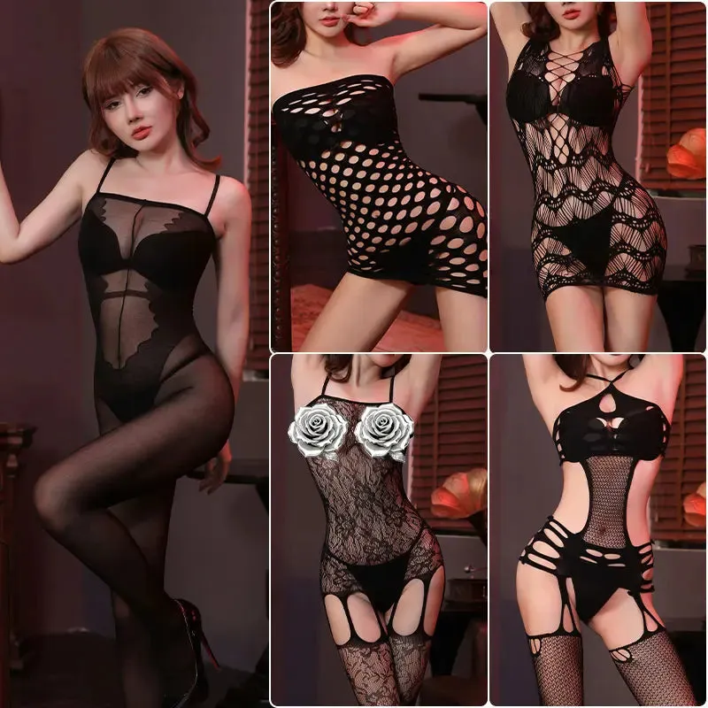 "Sparkling Rhinestone Fishnet Teddy - Seductive Women's Bodysuit"