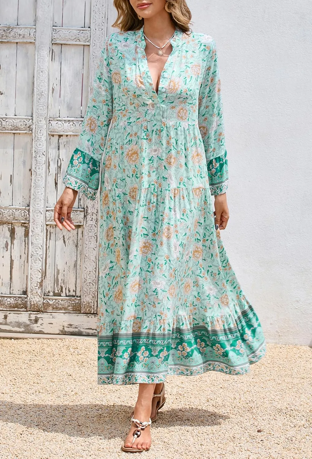 R.Vivimos Women's Boho Floral Print Midi Dress 2025 Long Sleeve V Neck Button Up Casual Loose Flowy Beach Long Dresses