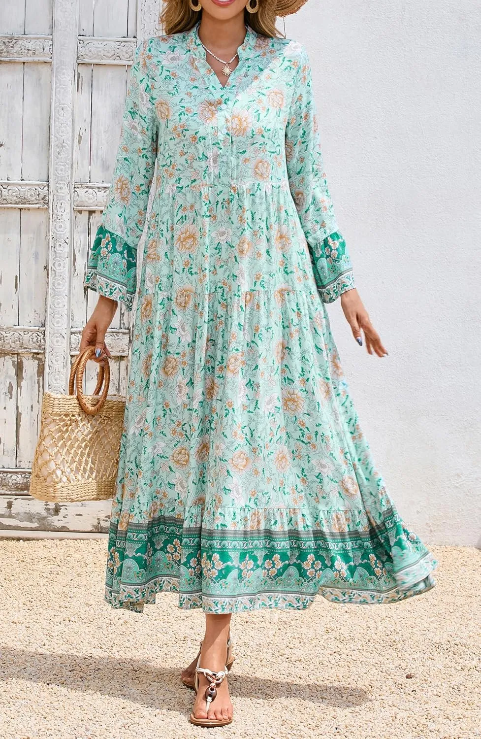 R.Vivimos Women's Boho Floral Print Midi Dress 2025 Long Sleeve V Neck Button Up Casual Loose Flowy Beach Long Dresses