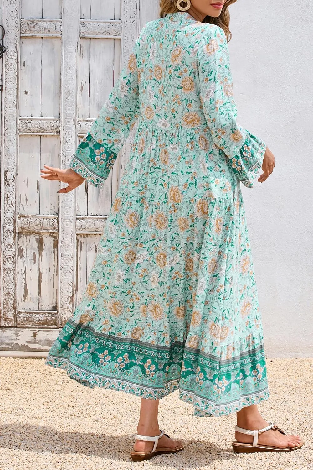 R.Vivimos Women's Boho Floral Print Midi Dress 2025 Long Sleeve V Neck Button Up Casual Loose Flowy Beach Long Dresses