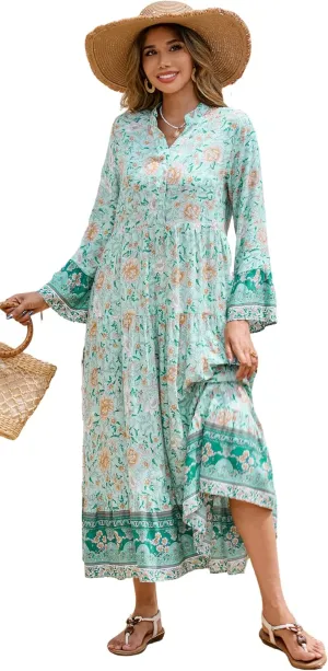 R.Vivimos Women's Boho Floral Print Midi Dress 2025 Long Sleeve V Neck Button Up Casual Loose Flowy Beach Long Dresses