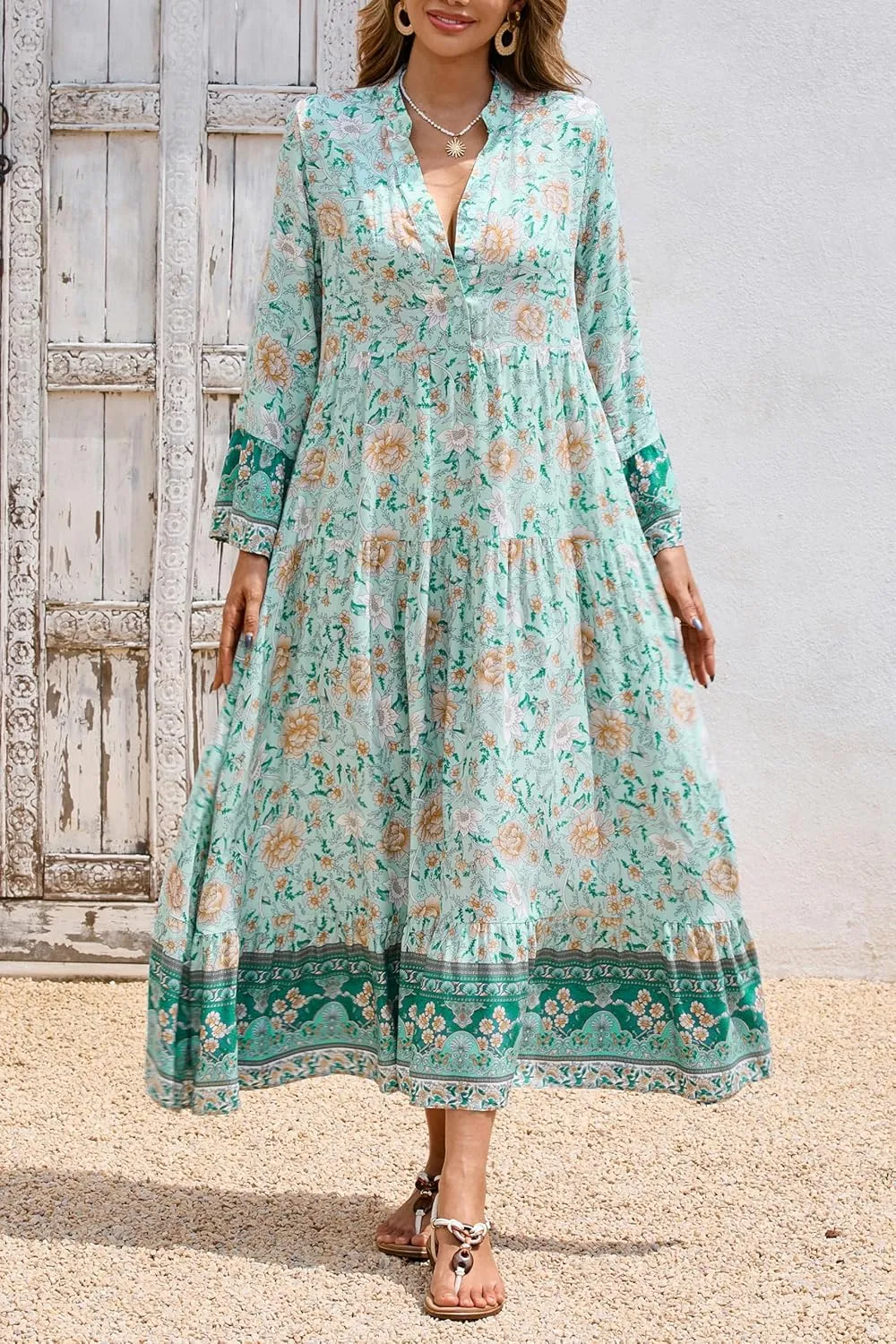 R.Vivimos Women's Boho Floral Print Midi Dress 2025 Long Sleeve V Neck Button Up Casual Loose Flowy Beach Long Dresses