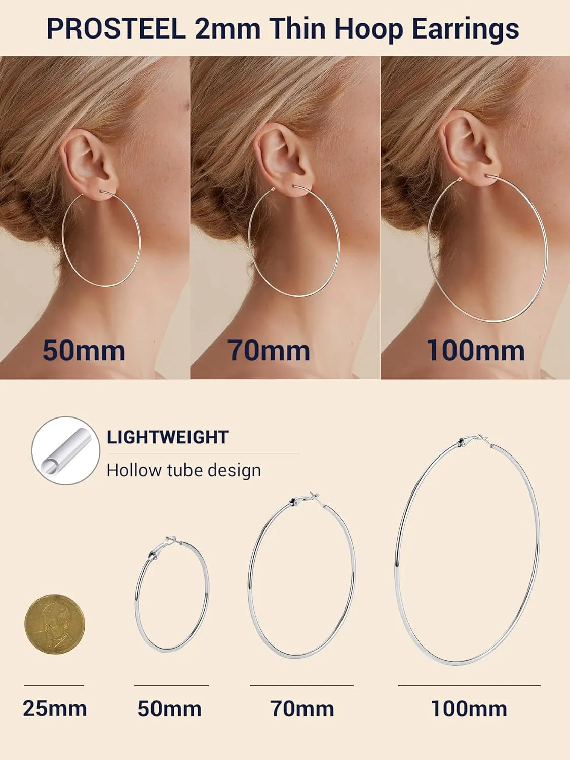Stylish Hoop Earrings for Women, Black/18K Gold Plated Stainless Steel Hoop Earrings Hypoallergenic, 50mm/70mm/100mm, Come with Box