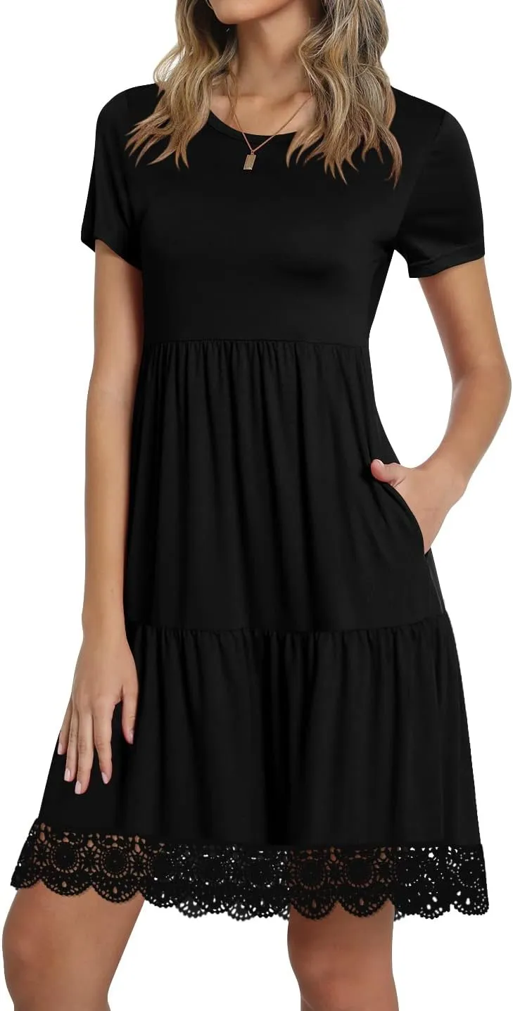 TAOHUADAO Women's Summer Casual Tshirt Dresses Short Sleeve Ruffle Swing Lace Hem Dress with Pockets