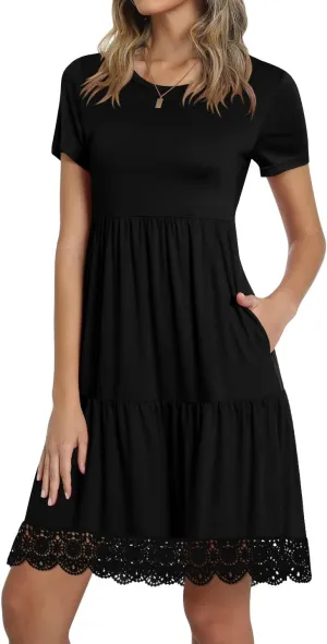 TAOHUADAO Women's Summer Casual Tshirt Dresses Short Sleeve Ruffle Swing Lace Hem Dress with Pockets