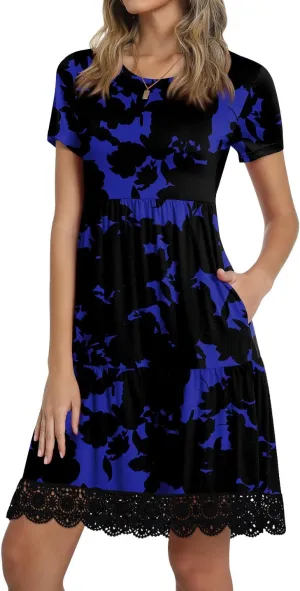 TAOHUADAO Women's Summer Casual Tshirt Dresses Short Sleeve Ruffle Swing Lace Hem Dress with Pockets