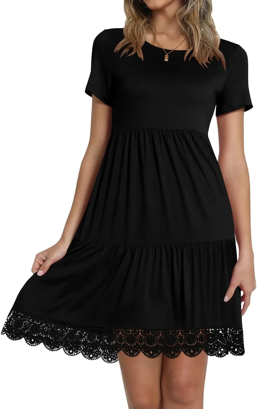 TAOHUADAO Women's Summer Casual Tshirt Dresses Short Sleeve Ruffle Swing Lace Hem Dress with Pockets