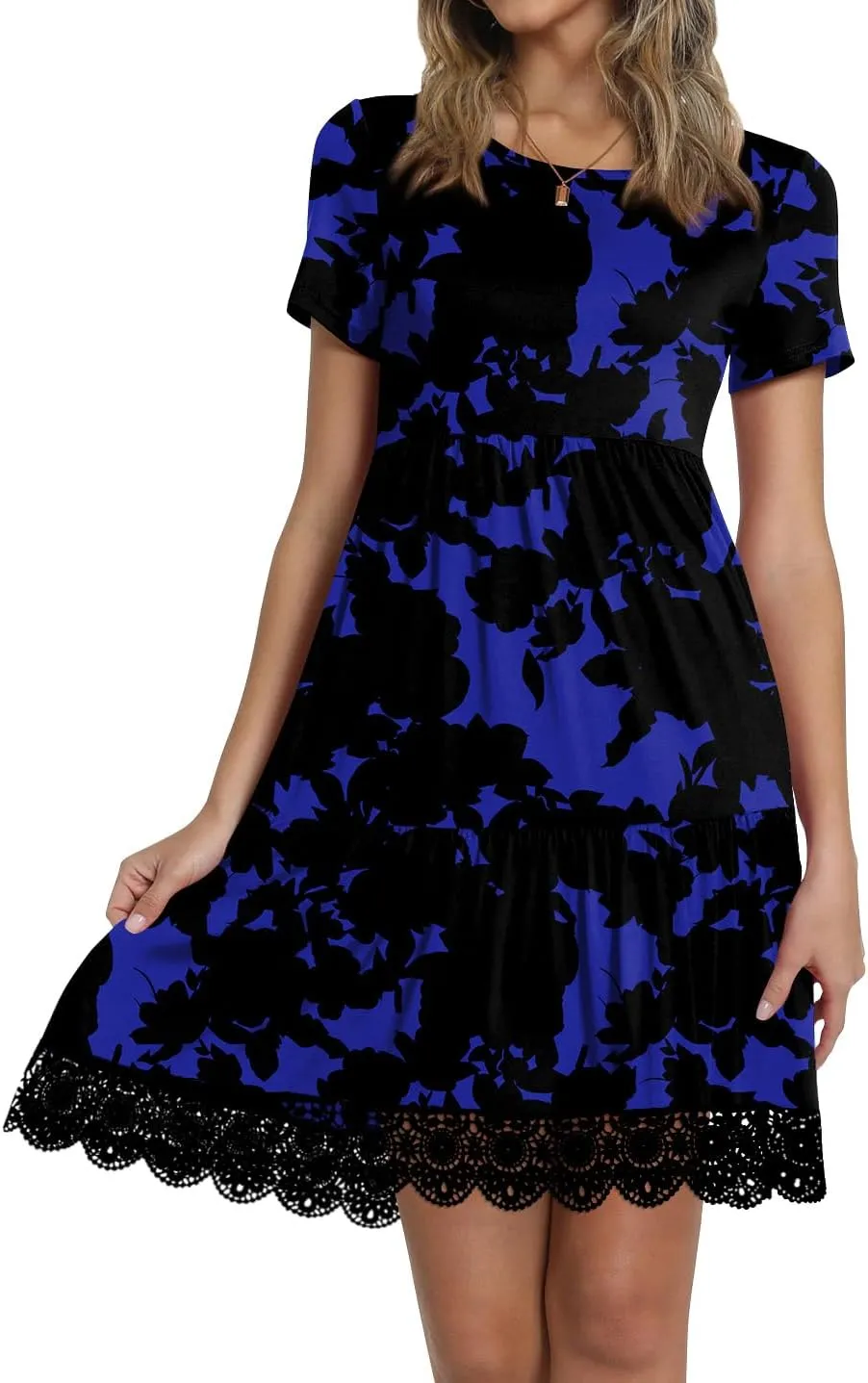 TAOHUADAO Women's Summer Casual Tshirt Dresses Short Sleeve Ruffle Swing Lace Hem Dress with Pockets