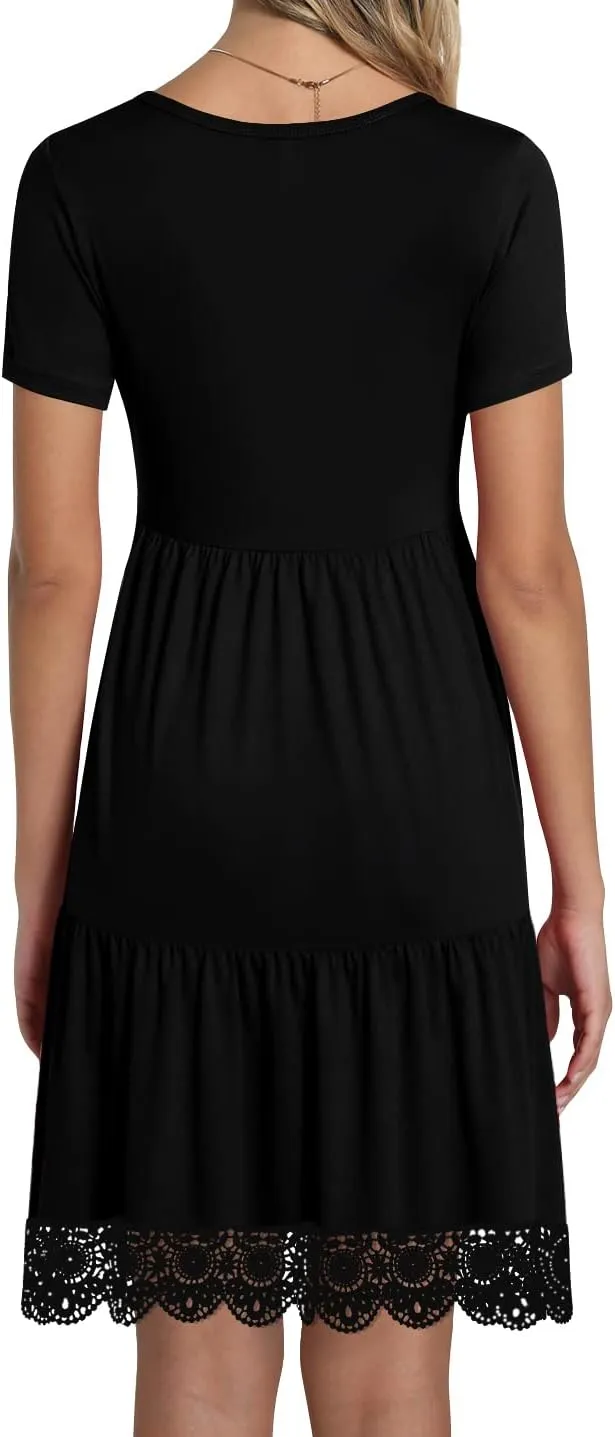 TAOHUADAO Women's Summer Casual Tshirt Dresses Short Sleeve Ruffle Swing Lace Hem Dress with Pockets