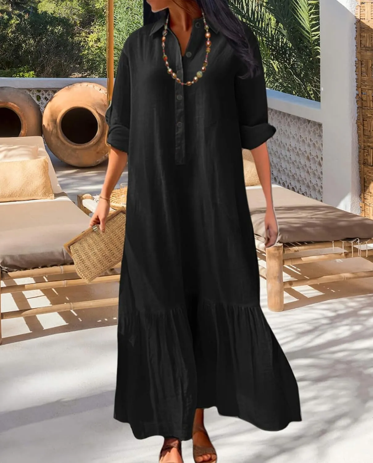 Vintage Button Up Linen Blend Shirt Dress 2025 Spring-Lapel Collar Ruffles Office Weekend Brunch Outfits