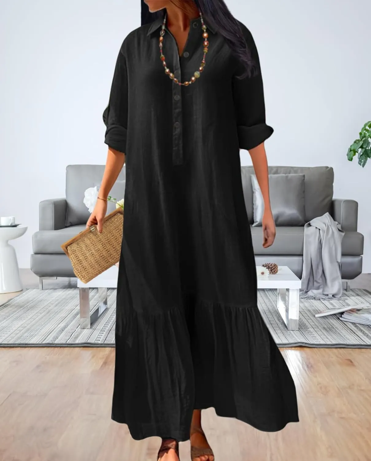 Vintage Button Up Linen Blend Shirt Dress 2025 Spring-Lapel Collar Ruffles Office Weekend Brunch Outfits