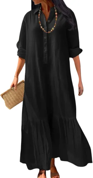 Vintage Button Up Linen Blend Shirt Dress 2025 Spring-Lapel Collar Ruffles Office Weekend Brunch Outfits