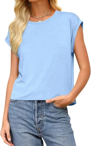 Women Crewneck Cap Sleeve T Shirts Basic Summer Casual Tops Loose Fit Tee Solid Color Blouse