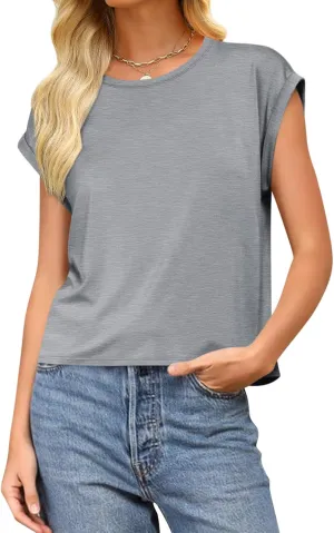 Women Crewneck Cap Sleeve T Shirts Basic Summer Casual Tops Loose Fit Tee Solid Color Blouse