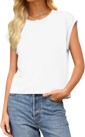 Women Crewneck Cap Sleeve T Shirts Basic Summer Casual Tops Loose Fit Tee Solid Color Blouse