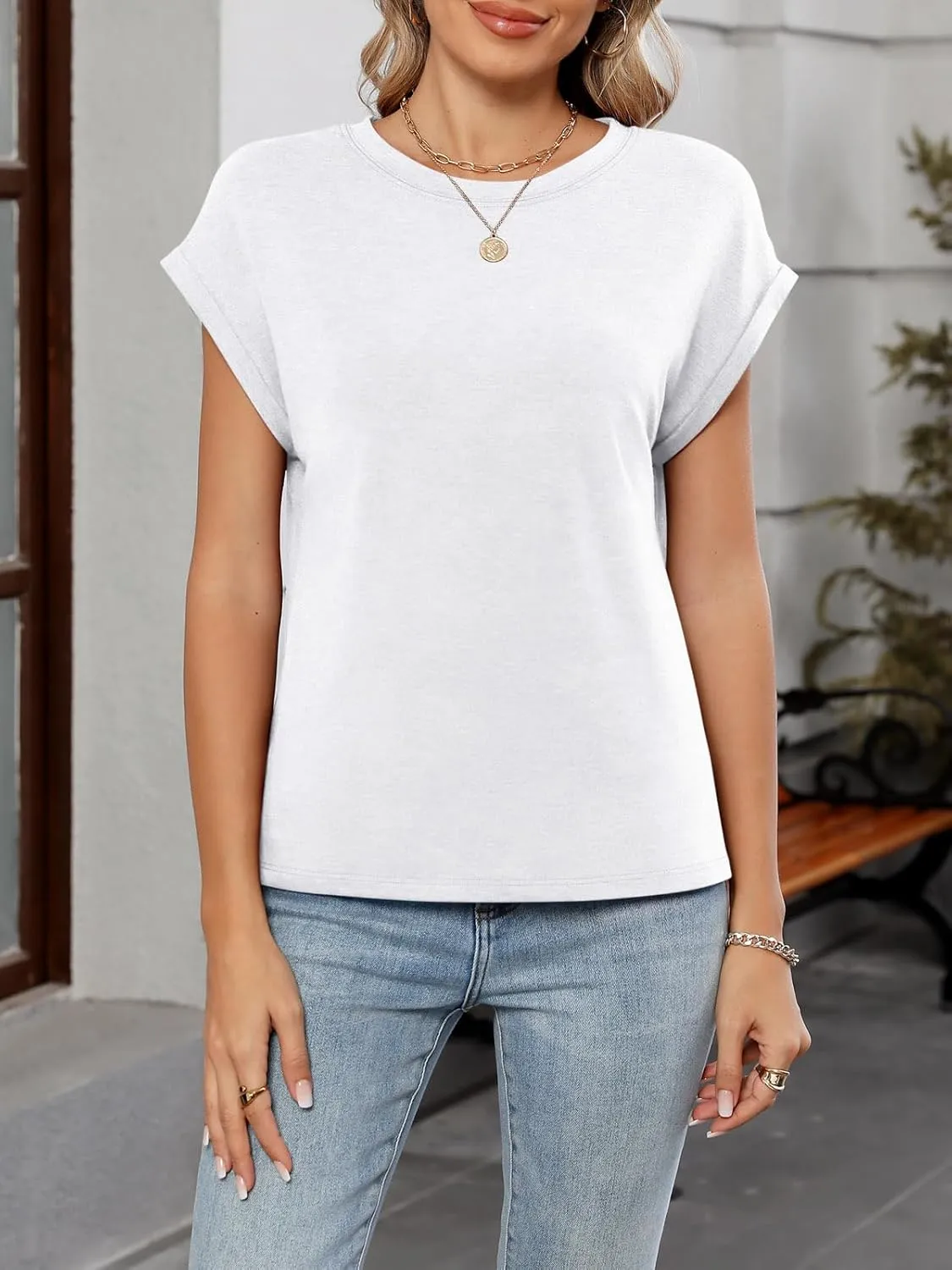 Women Crewneck Cap Sleeve T Shirts Basic Summer Casual Tops Loose Fit Tee Solid Color Blouse