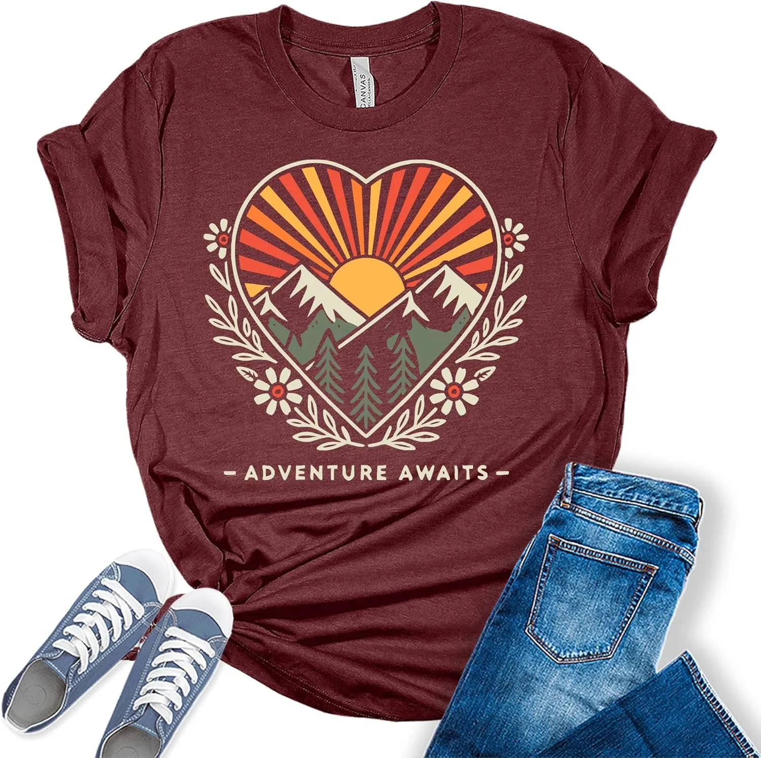 Women's Adventure Awaits Outdoor Graphic Tee Shirt Heart Printed Hike Mountain Nature Travel Workout Tops