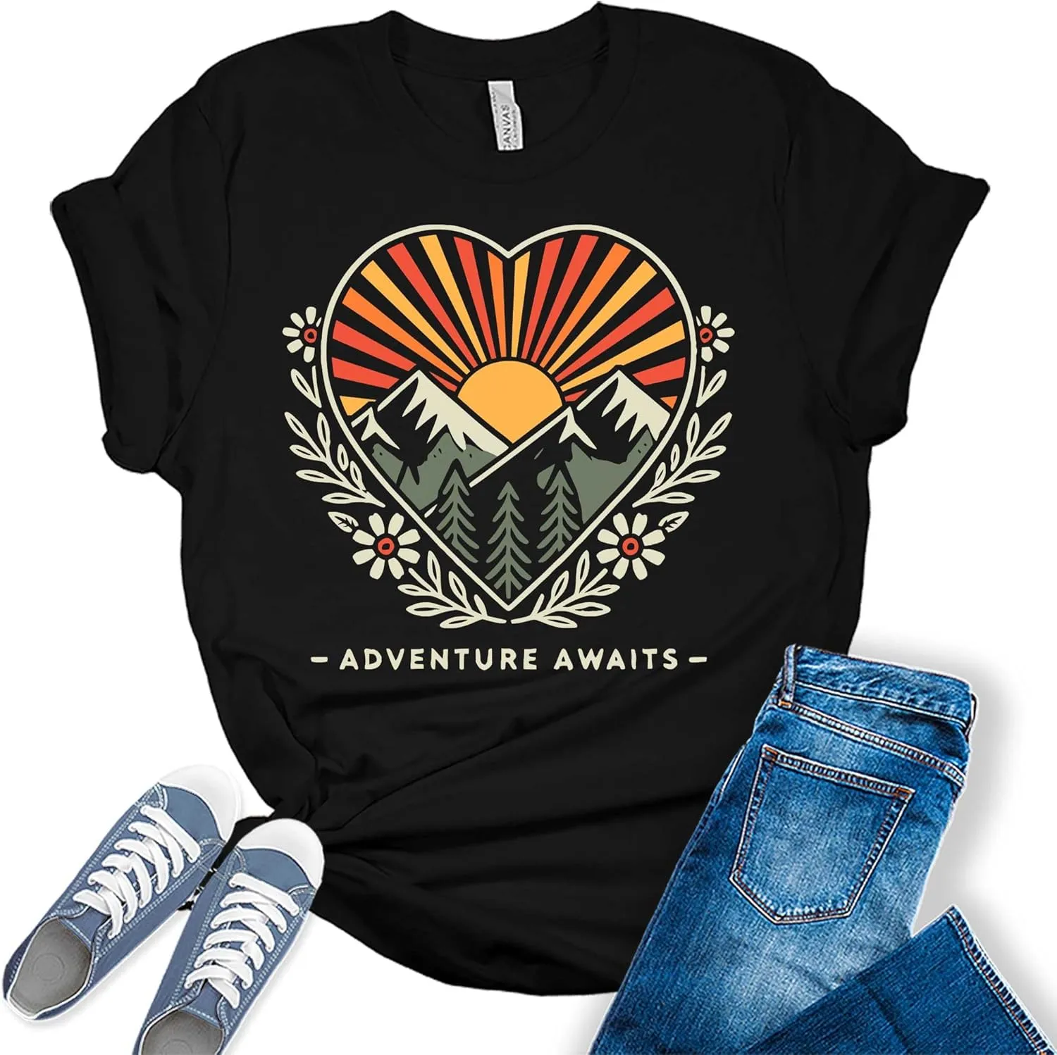 Women's Adventure Awaits Outdoor Graphic Tee Shirt Heart Printed Hike Mountain Nature Travel Workout Tops